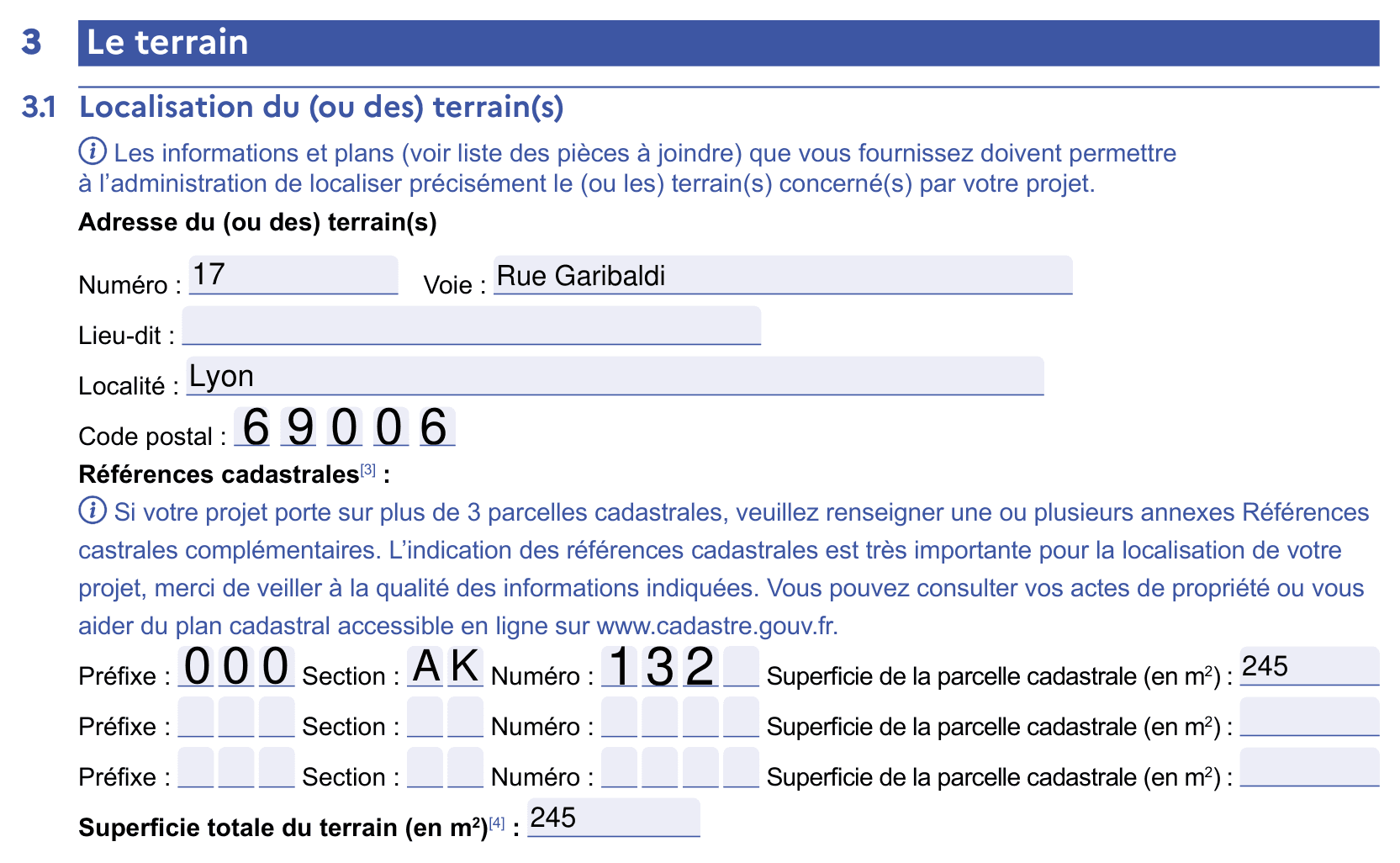 Cerfa 16702*03 de déclaration préalable, pré-rempli depuis le dossier : identité du déclarant, adresse du terrain et références cadastrales déjà renseignées